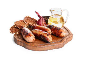 Wooden board with tasty grilled sausages, bread, onion and oil on white background