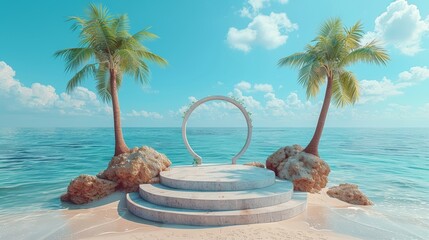 Obraz premium An image showing a podium with palm trees on a beach in 3D