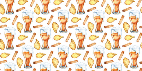 Glass of beer, chips, crackers pattern watercolor illustration. Harvest festival, Oktoberfest beer festival. Compositions for posters, cards, banners, flyers, covers, textiles, scrapbooking