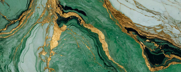 Naklejka premium Luxurious Green and Gold Marble Texture. An elegant and high-resolution image showcasing the natural beauty of green marble with intricate gold veins, perfect for sophisticated backgrounds or design.