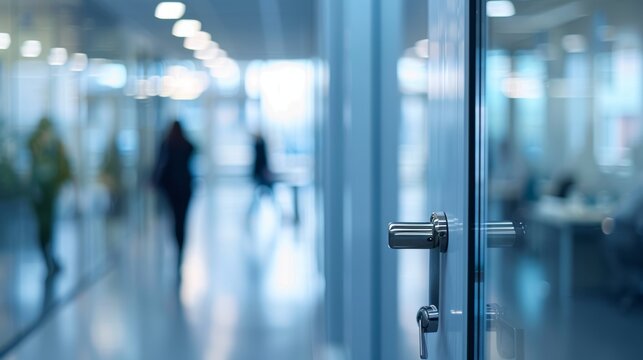 The background of a white glass office is blurred with blurry business people.
