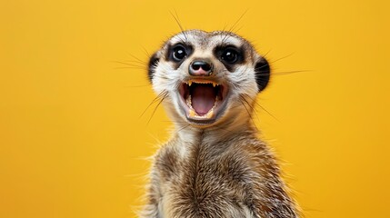 cheerful smile friendly meerkat with yellow background