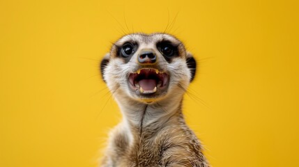 Fototapeta premium cheerful smile friendly meerkat with yellow background