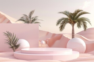 Obraz premium Detailed 3D render of palm trees surrounded by sand and a product display