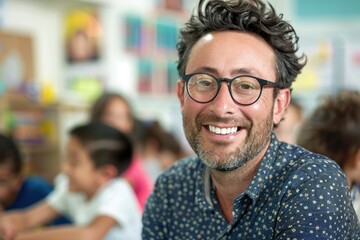 Handsome male teacher in glasses smiling and looking into camera at elementary school with children at the blurred background