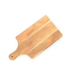 Clean wooden cutting board on white background. Top view