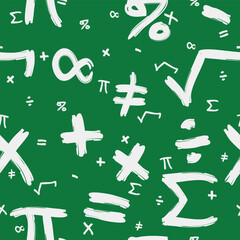 Obraz premium Mathematics Pattern - Various Mathematics Symbols Written with White Chalk on Green School Chalkboard Background. Seamless Link.