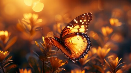 The magic of nature is showcased by a golden butterfly at sunset, with copy space to illustrate