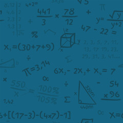 Mathematics Pattern - Mathematics Accounts and Symbols on Blue Background. Plus, Minus, Times, Divide, Square Root, Equals, Percent, Pi and others. Seamless Link.