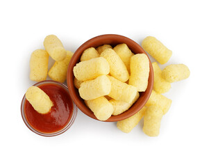 Bowl with tasty corn sticks and ketchup on white background