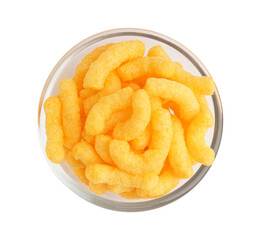Glass bowl with tasty corn sticks on white background
