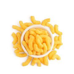 Bowl with tasty corn sticks on white background