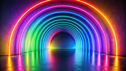 Vibrant neon rainbow arch glows against a mesmerizing gradient wall, blending modern digital art with radiant light effects in a stunning, dynamic composition.