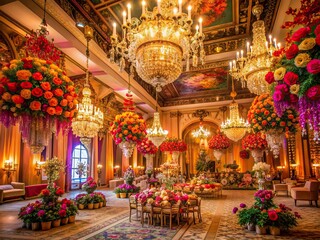 Obraz premium Vibrant flowers, intricate tapestries, and ornate chandeliers adorn a majestic hall, bathed in warm golden light, exuding opulence, elegance, and refinement for an Indian wedding celebration.