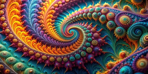 Intricate digital art piece featuring vibrant, swirling fractals that unfold into mesmerizing layers, revealing stunning depth and complexity in this highly detailed macro shot.