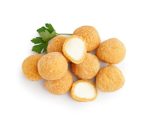 Tasty fried mozzarella balls and parsley in white background