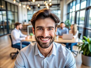 Headshot portrait of smiling millennial male employee talk on video call or web conference in coworking office, profile picture of happy Caucasian young man worker posing in shared workplace