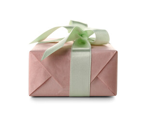 Pink gift box with green bow on white background. International Women's Day