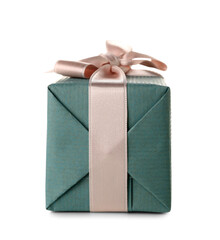 Blue gift box with pink bow on white background. International Women's Day