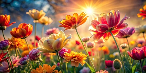 Vibrant flowers dancing in the breeze, warm sunlight casting long shadows, and delicate petals unfolding, epitomizing the unbridled energy and freedom of youth in a stunning visual masterpiece.