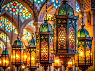 Obraz premium Vibrant lanterns adorn a intricately patterned Mosque backdrop, illuminated with soft golden light, evoking a sense of magic and wonder during Ramadan celebrations.