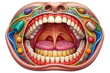 Colorful illustration of a cartoon mouth's internal structure, showcasing the morphology of lips, teeth, and gums in a detailed, educational, and humorously stylized representation.