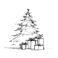 Christmas tree with gifts, one line style