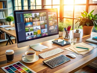 A cluttered desk with a computer, graphic design software on the screen, photo editing tools, and a scattered mess of papers, pens, and coffee cups nearby.