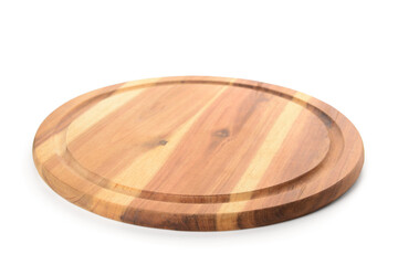 Round wooden cutting board on white background