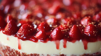Close up view of a delectable strawberry cheesecake dessert, perfect for indulging in sweet cravings