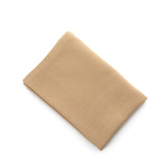 Fabric beige napkin on white background. Top view