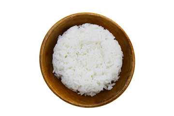 Cooked rice in bowl on white background.