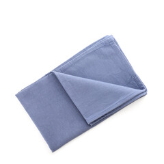 Fabric blue napkin on white background. Top view
