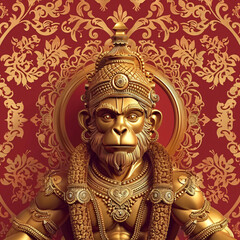 Fototapeta premium Hanuman Ji Indian Hindu God from the Ramayana Illustration with Red and Gold Statue of the Avatar.