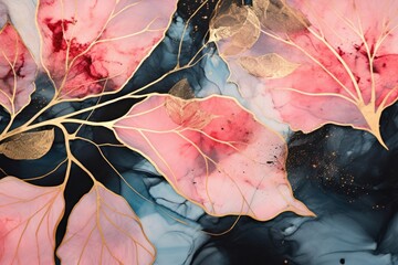 Fototapeta premium Modern fluid art, alcohol ink flower. Blue, pink and gold liquid marble background. Backdrop with abstract mixing paint effect for interior poster, flyer, card, banner design
