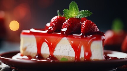 Close up of scrumptious strawberry cheesecake, a tempting dessert topped with fresh berries