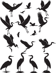 This collection of heron silhouettes showcases the birds in various activities such as flying, fishing, and resting. Designed in a minimalist black and white style