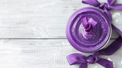 Obraz premium Purple sisal and bow adorn open jar of cream gel on white wooden background
