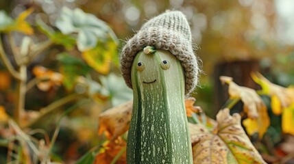 Zucchini with white skin wearing a wool hat