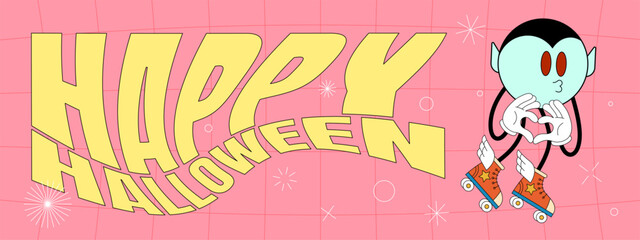 Retro groovy Happy Halloween party art horizontal banner. Vampire holiday character on crazy hippy background. Hippie abstract October 31 festive event eps flyer. Trendy y2k pop design concept