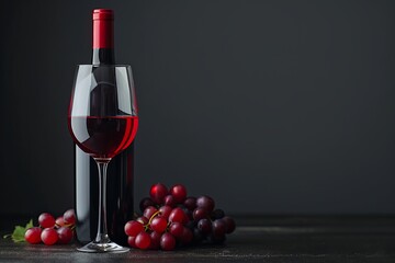 Obraz premium A bottle of red wine, a glass of red wine, and grapes on a table, copyspace