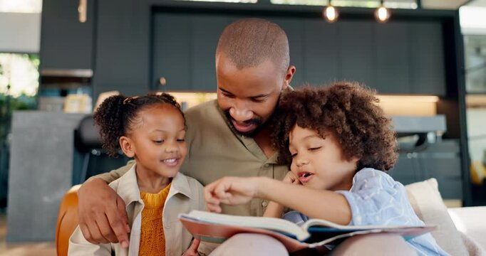 Black family, kids and happy reading story book, cartoon comic and bonding with father, daughter and son at home. Love, storytelling and children listen for fairytale, education or learning in house