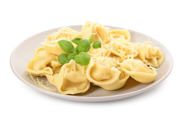 Plate of boiled dumplings with cheese and basil on white background