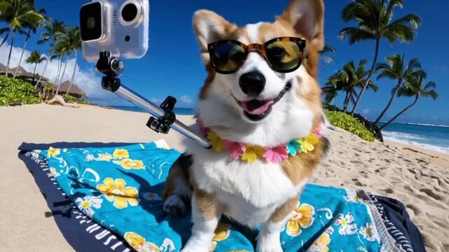 Sim&aacute;tico perro con lentes tom&aacute;ndose una selfie sobre su toalla playera, en una isla paradis&iacute;aca rodeado de palmeras, las olas del mar, y las gaviotas caminando y volando detr&aacute;s de &eacute;l