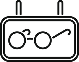 Simple black and white icon of a street sign representing an optician shop with glasses drawn on it