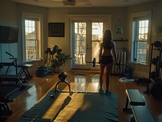 A woman works out in her home gym. AI.