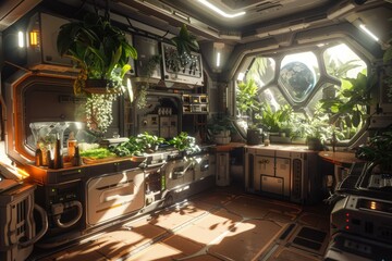 Futuristic kitchen with plants growing inside a spaceship. AI.