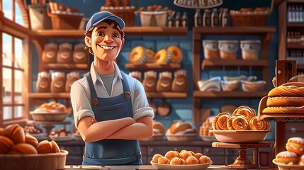 Smiling Baker in Cozy Bread Shop