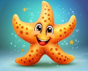 Smiling Cartoon Starfish Underwater with Bubbles