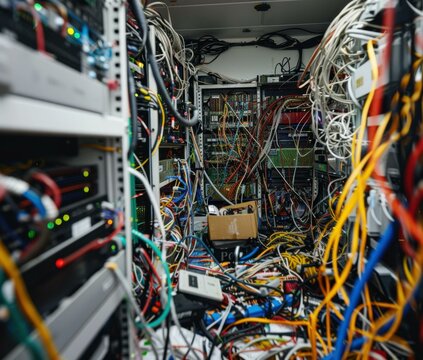 A server room full of cables and wires. AI.